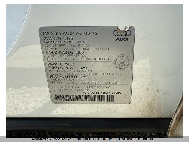 Продаж на аукціоні авто 2012 Audi Q5, vin: WA1WFCFP6CA130565, номер лоту: 40084253