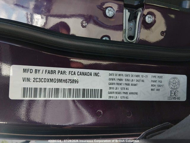 40080324 :رقم المزاد ، 2C3CDXMG9MH675899 vin ، 2021 Dodge Charger Gt مزاد بيع