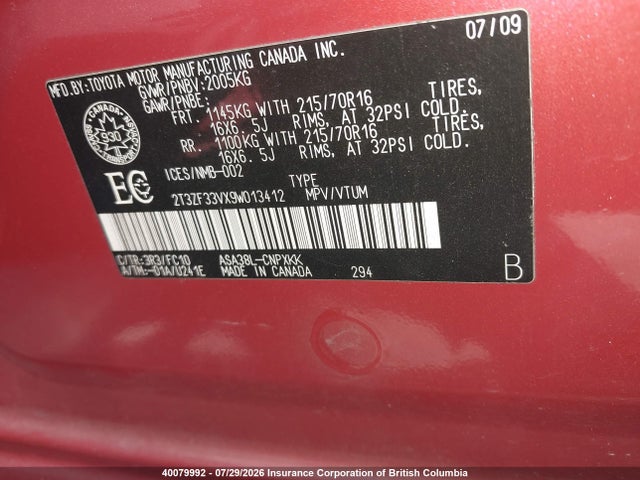 40079992 :رقم المزاد ، 2T3ZF33VX9W013412 vin ، 2009 Toyota Rav4 مزاد بيع