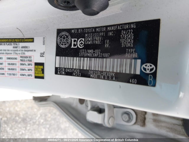 5YFBPMBE6NP321087 Toyota Corolla Le/xle