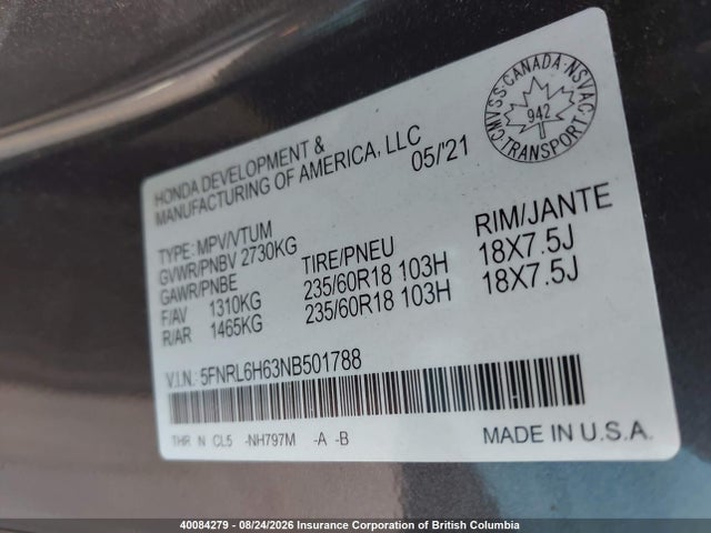 Aukcja sprzedaży 2022 Honda Odyssey Exl, vin: 5FNRL6H63NB501788, numer aukcji: 40084279