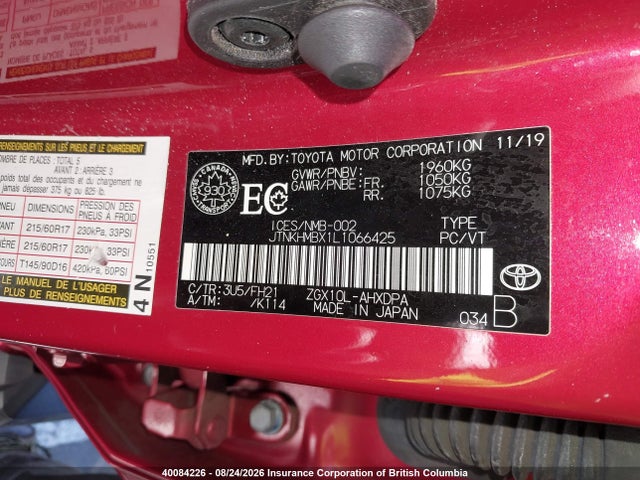 2020 Toyota C-hr Xle/le/limited მანქანა იყიდება აუქციონზე, vin: JTNKHMBX1L1066425, აუქციონის ნომერი: 40084226