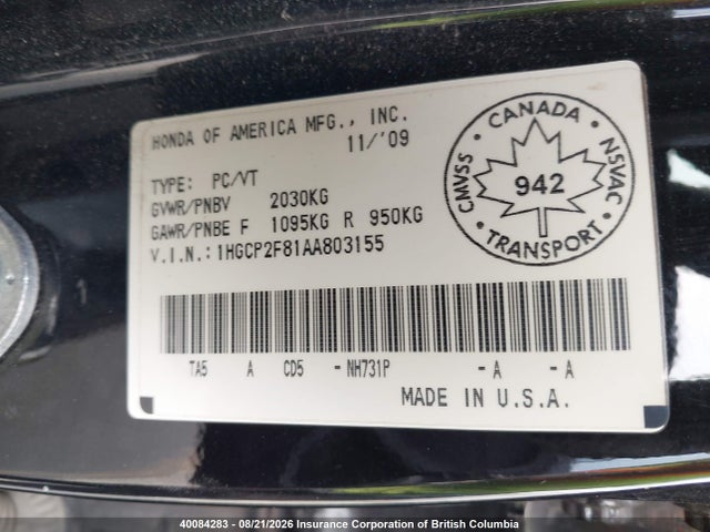40084283 :رقم المزاد ، 1HGCP2F81AA803155 vin ، 2010 Honda Accord Ex-l مزاد بيع