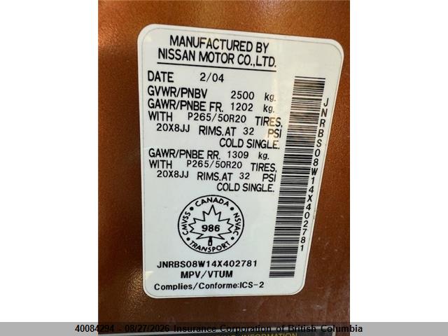40084294 :رقم المزاد ، JNRBS08W14X402781 vin ، 2004 Infiniti Fx45 مزاد بيع