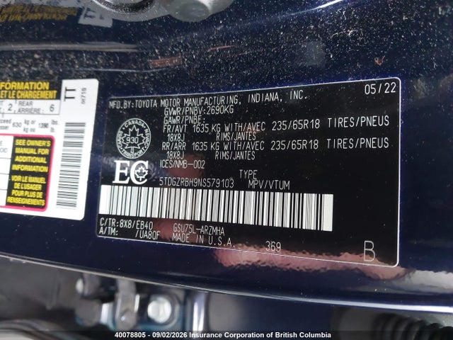 Toyota Highlander Xle 2022 5TDGZRBH9NS579103 Image 9
