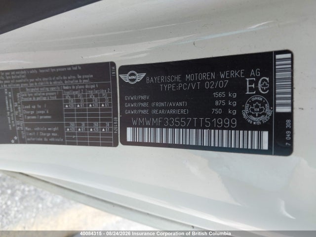 40084315 :رقم المزاد ، WMWMF33557TT51999 vin ، 2007 Mini Cooper مزاد بيع