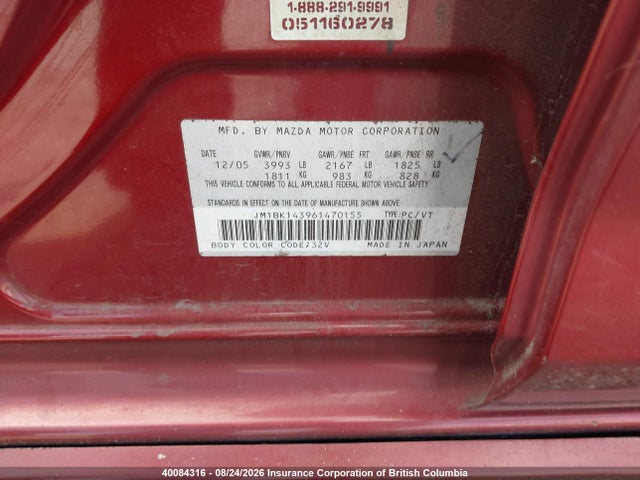 40084316 :رقم المزاد ، JM1BK143961470155 vin ، 2006 Mazda 3 Hatchback مزاد بيع