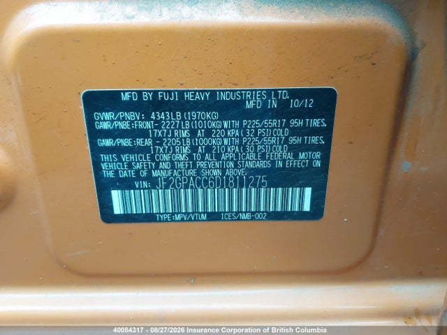 Aukcja sprzedaży 2013 Subaru Xv Crosstrek 2.0 Premium, vin: JF2GPACC6D1811275, numer aukcji: 40084317