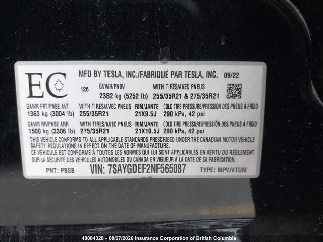 Продажа на аукционе авто 2022 Tesla Model Y, vin: 7SAYGDEF2NF565087, номер лота: 40084328