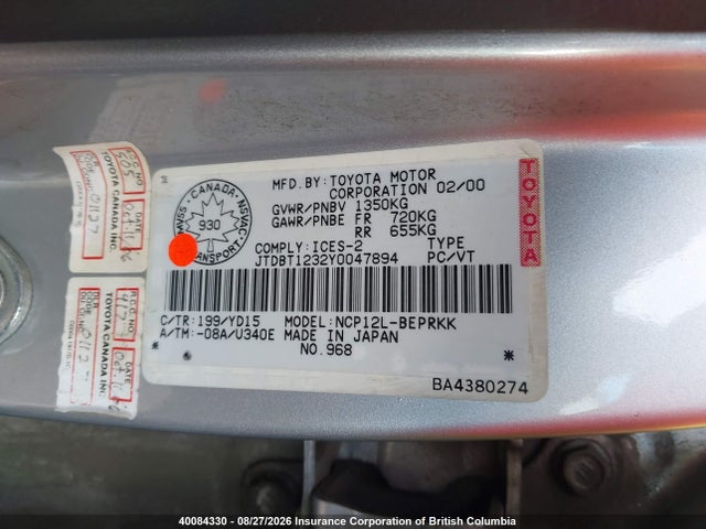 2000 Toyota Echo მანქანა იყიდება აუქციონზე, vin: JTDBT1232Y0047894, აუქციონის ნომერი: 40084330