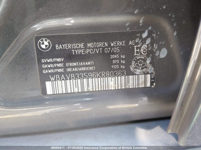 Aukcja sprzedaży 2006 Bmw 330 I, vin: WBAVB33596KR80363, numer aukcji: 40080411