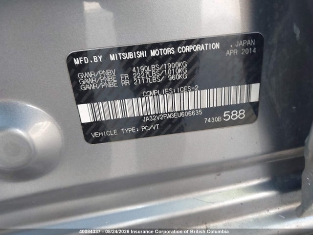 Aukcja sprzedaży 2014 Mitsubishi Lancer Gt Awc/se Awc, vin: JA32V2FW3EU606635, numer aukcji: 40084337