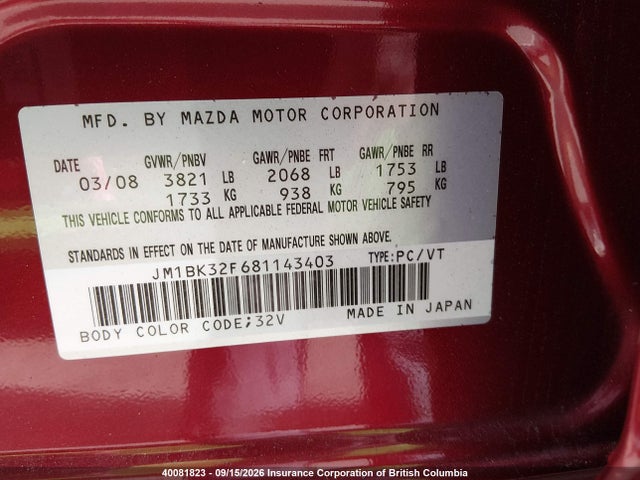 40081823 :رقم المزاد ، JM1BK32F681143403 vin ، 2008 Mazda 3 I مزاد بيع