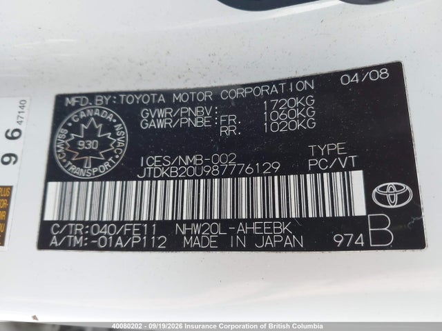Продажа на аукционе авто 2008 Toyota Prius, vin: JTDKB20U987776129, номер лота: 40080202