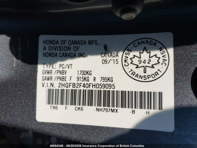 Honda Civic 2015 2HGFB2F40FH059095 Image 9
