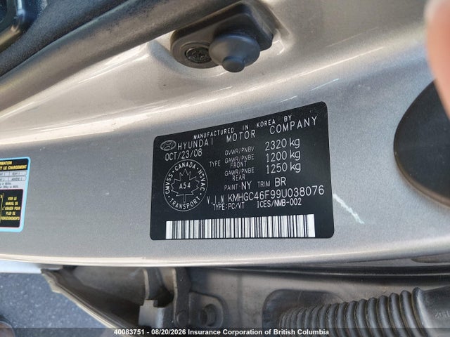 40083751 :رقم المزاد ، KMHGC46F99U038076 vin ، 2009 Hyundai Genesis 4.6l مزاد بيع