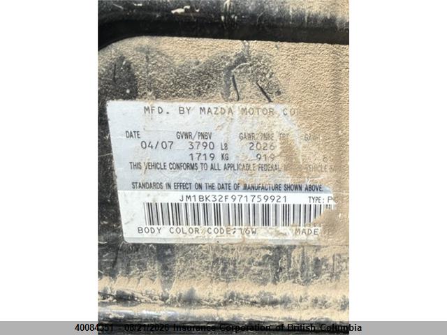 Aukcja sprzedaży 2007 Mazda 3 I, vin: JM1BK32F971759921, numer aukcji: 40084351