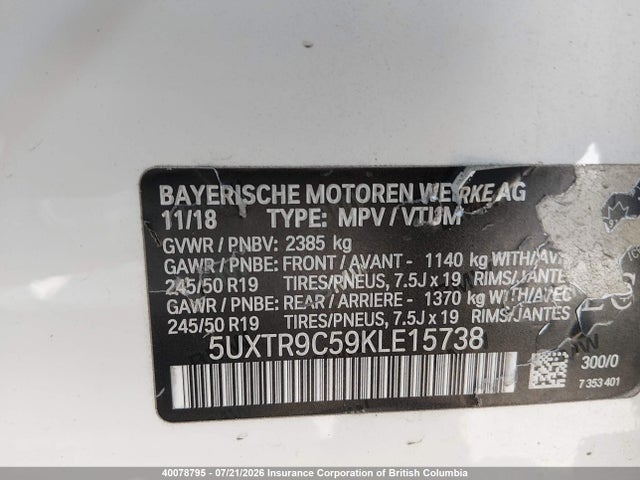 BMW X3 Xdrive30i 2019 5UXTR9C59KLE15738 Image 9