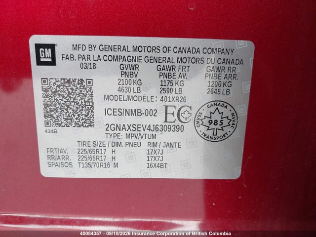 2018 Chevrolet Equinox Lt მანქანა იყიდება აუქციონზე, vin: 2GNAXSEV4J6309390, აუქციონის ნომერი: 40084357