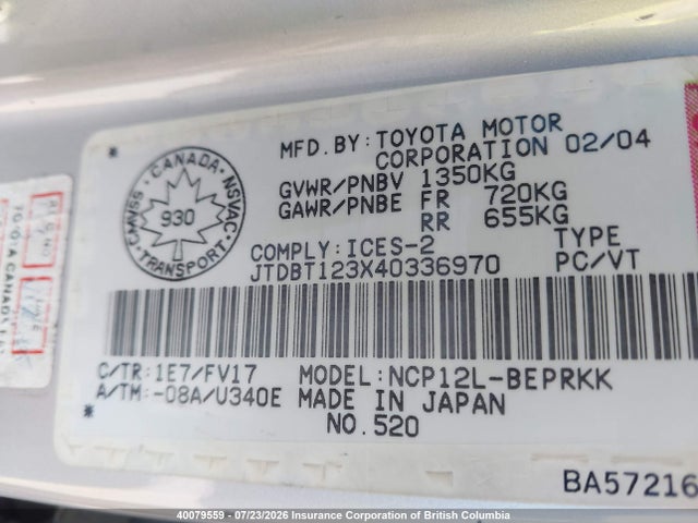 Aukcja sprzedaży 2004 Toyota Echo, vin: JTDBT123X40336970, numer aukcji: 40079559
