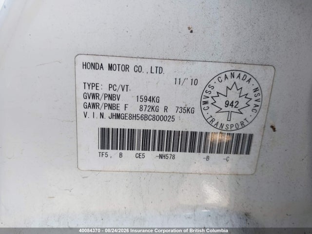 Aukcja sprzedaży 2011 Honda Fit, vin: JHMGE8H56BC800025, numer aukcji: 40084370