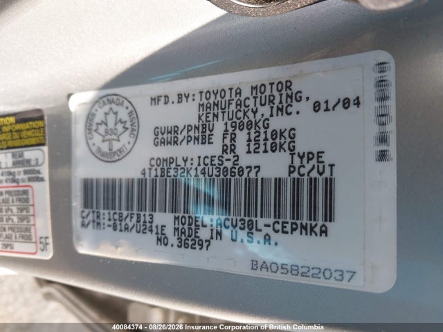 2004 Toyota Camry მანქანა იყიდება აუქციონზე, vin: 4T1BE32K14U306077, აუქციონის ნომერი: 40084374