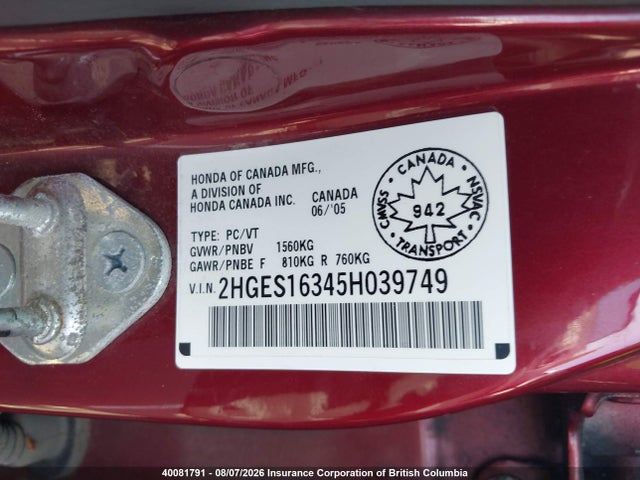 Продаж на аукціоні авто 2005 Honda Civic Dx Vp, vin: 2HGES16345H039749, номер лоту: 40081791