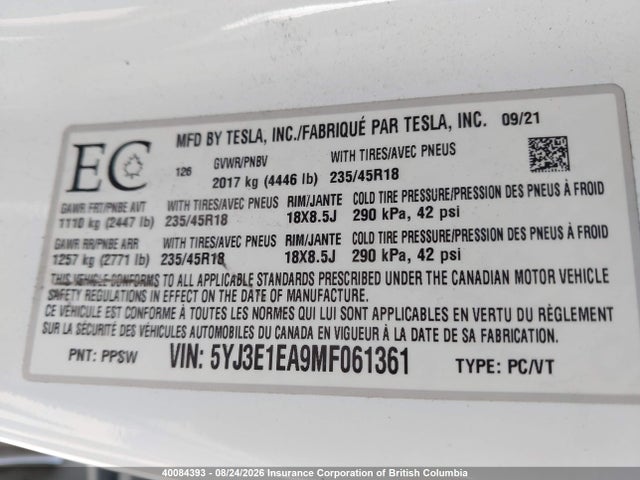 Продажа на аукционе авто 2021 Tesla Model 3, vin: 5YJ3E1EA9MF061361, номер лота: 40084393