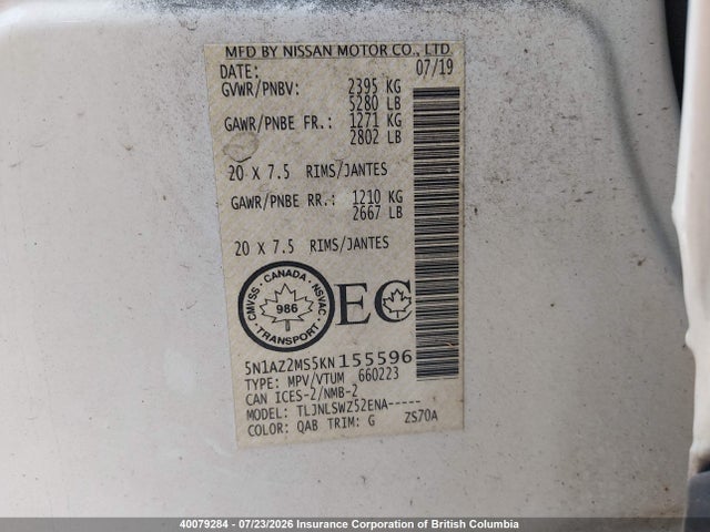 5N1AZ2MS5KN155596 Nissan Murano S/sl/sv/platinum