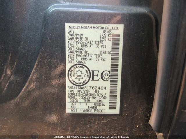 Aukcja sprzedaży 2005 Nissan Pathfinder Le/se/xe, vin: 5N1AR18W45C762404, numer aukcji: 40084414