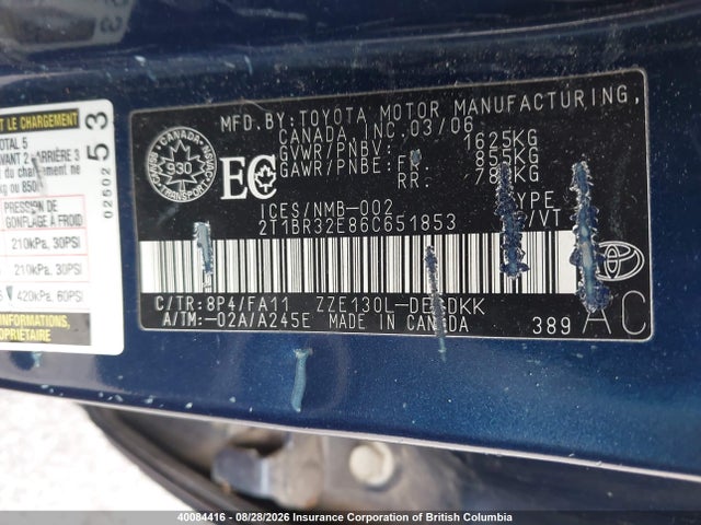 40084416 :رقم المزاد ، 2T1BR32E86C651853 vin ، 2006 Toyota Corolla Ce/le/sport مزاد بيع