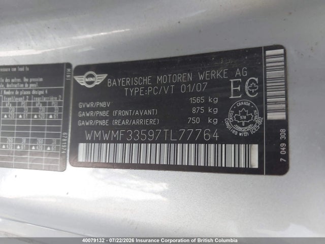 Auction sale of the 2007 Mini Cooper, vin: WMWMF33597TL77764, lot number: 40079132