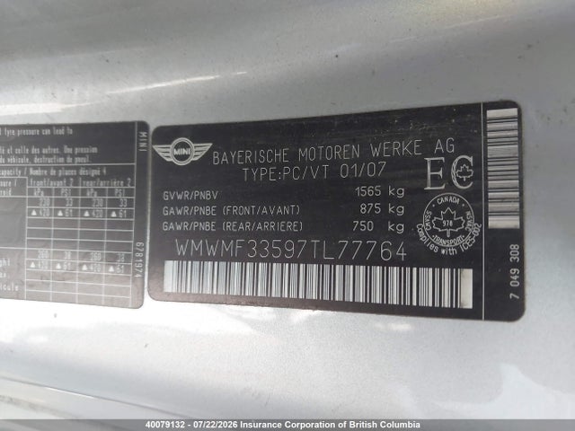 Auction sale of the 2007 Mini Cooper, vin: WMWMF33597TL77764, lot number: 40079132