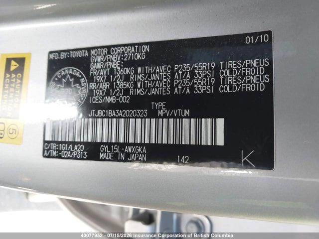 40077952 :رقم المزاد ، JTJBC1BA3A2020323 vin ، 2010 Lexus Rx 450 مزاد بيع