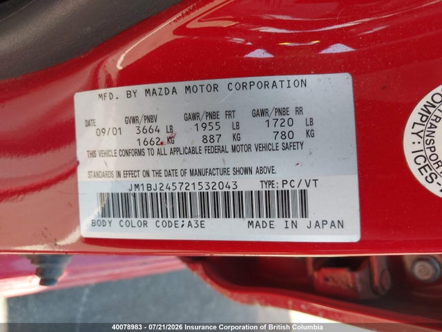 Продажа на аукционе авто 2002 Mazda Protege Pr5, vin: JM1BJ245721532043, номер лота: 40078983