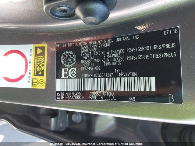 40084429 :رقم المزاد ، 5TDDKRFH7GS314247 vin ، 2016 Toyota Highlander Limited/ltd Platinum مزاد بيع