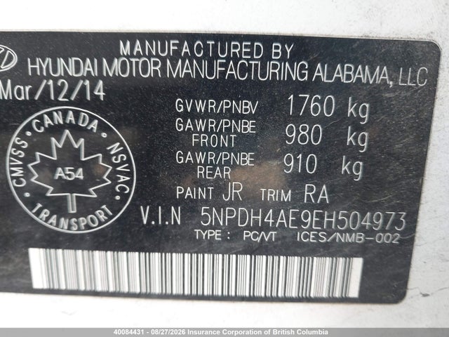 5NPDH4AE9EH504973 Hyundai Elantra Se/sport/limited