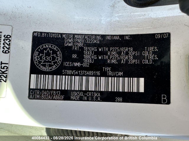 40084433 :رقم المزاد ، 5TBBV54137S489116 vin ، 2007 Toyota Tundra Double Cab Sr5 مزاد بيع