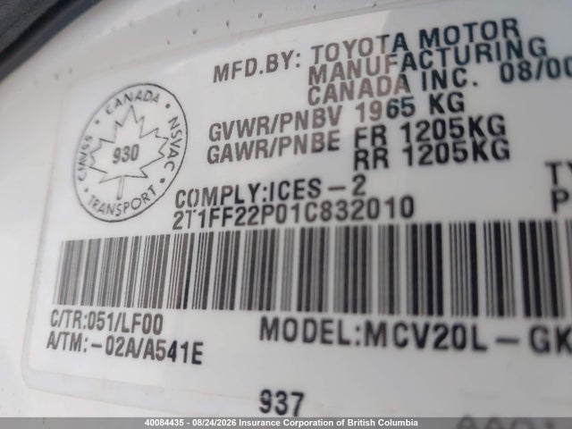 Aukcja sprzedaży 2001 Toyota Camry, vin: 2T1FF22P01C832010, numer aukcji: 40084435