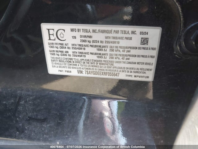 Продажа на аукционе авто 2024 Tesla Model Y, vin: 7SAYGDEEXRF055647, номер лота: 40076464