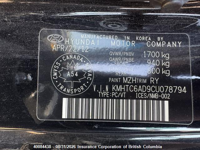 2012 Hyundai Veloster მანქანა იყიდება აუქციონზე, vin: KMHTC6AD9CU078794, აუქციონის ნომერი: 40084438