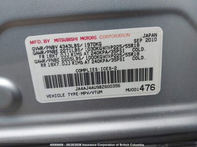 Продаж на аукціоні авто 2011 Mitsubishi Rvr Gt, vin: JA4AJ4AU9BZ600356, номер лоту: 40069889