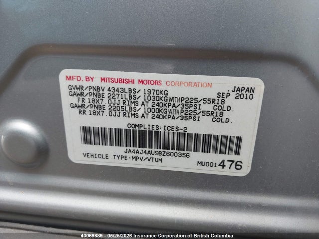 Продаж на аукціоні авто 2011 Mitsubishi Rvr Gt, vin: JA4AJ4AU9BZ600356, номер лоту: 40069889