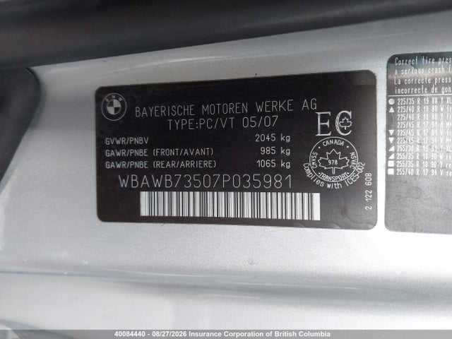 Продажа на аукционе авто 2007 Bmw 3-series, vin: WBAWB73507P035981, номер лота: 40084440