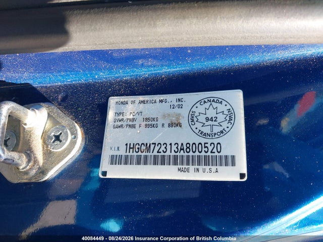 40084449 :رقم المزاد ، 1HGCM72313A800520 vin ، 2003 Honda Accord Lx مزاد بيع