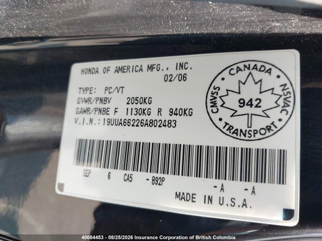 40084453 :رقم المزاد ، 19UUA66226A802483 vin ، 2006 Acura Tl مزاد بيع