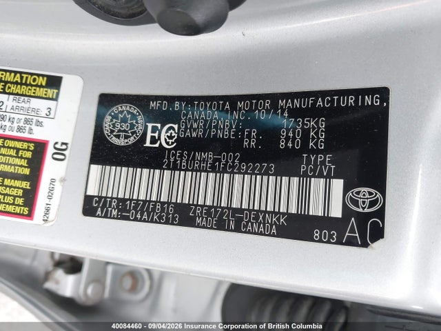 40084460 :رقم المزاد ، 2T1BURHE1FC292273 vin ، 2015 Toyota Corolla L/le/le Pls/prm/s/s Pls مزاد بيع