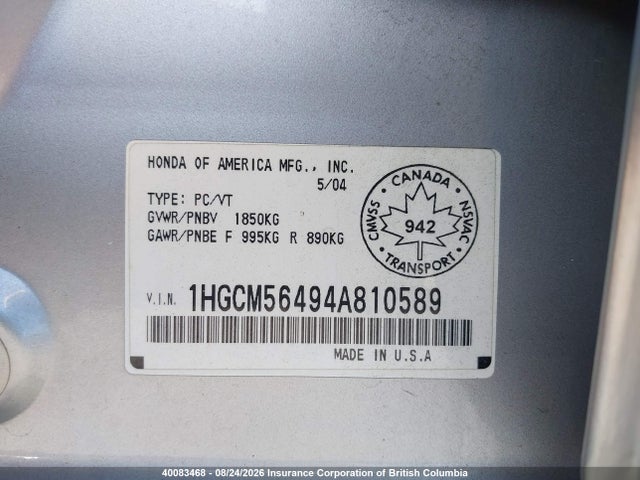 40083468 :رقم المزاد ، 1HGCM56494A810589 vin ، 2004 Honda Accord Lx-g مزاد بيع