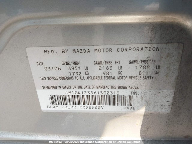 2006 Mazda 3 S მანქანა იყიდება აუქციონზე, vin: JM1BK123561502313, აუქციონის ნომერი: 40084493