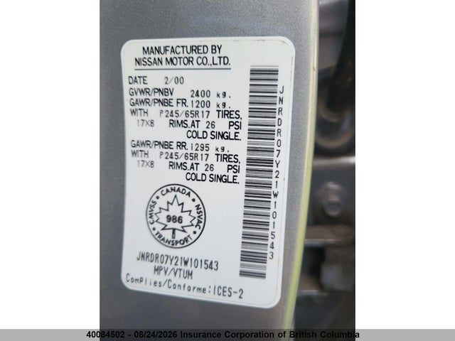 Aukcja sprzedaży 2001 Infiniti Qx4, vin: JNRDR07Y21W101543, numer aukcji: 40084502